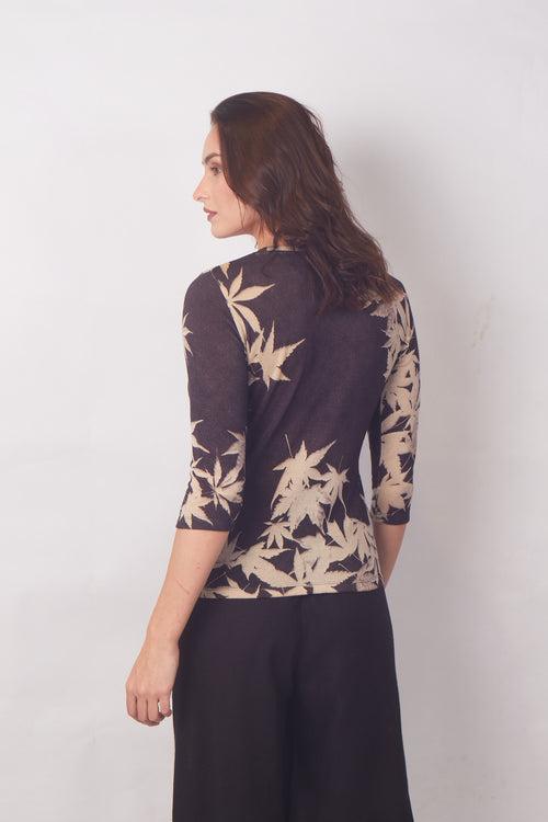 Maple print in Beige & Black Round-Neck Top