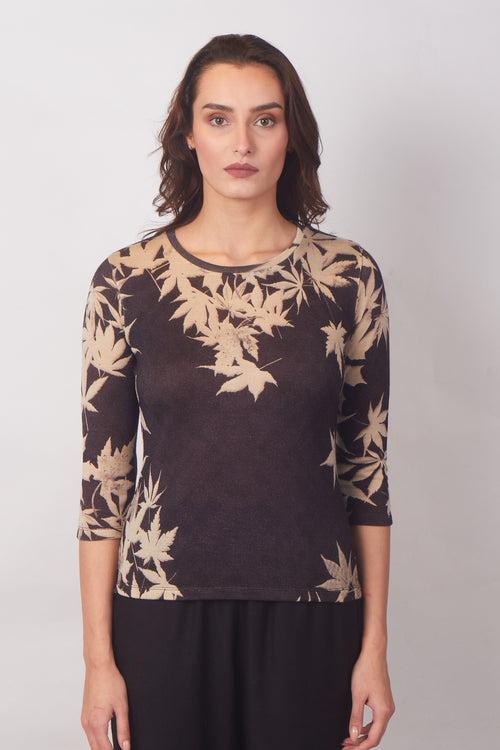 Maple print in Beige & Black Round-Neck Top