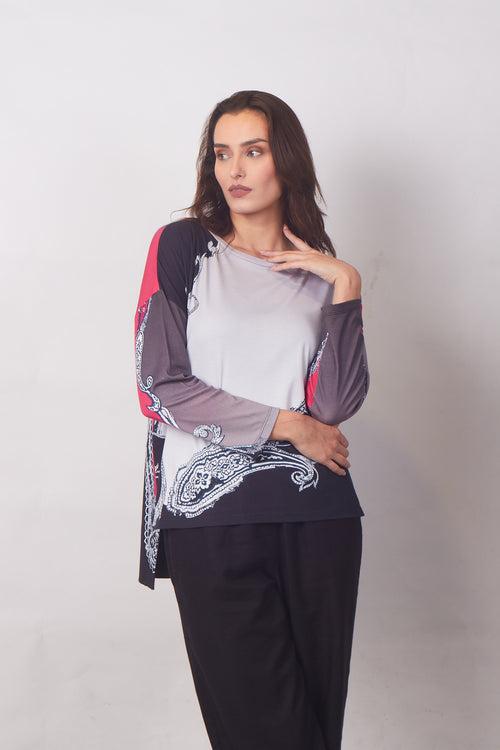 Grayscale & Pink Paisley Top