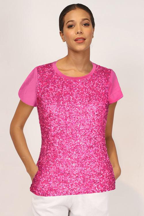 Fuschia Contemporary Half Sleeve Silk Sweater