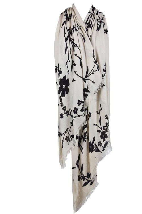 White Floral Silk Cashmere Scarf