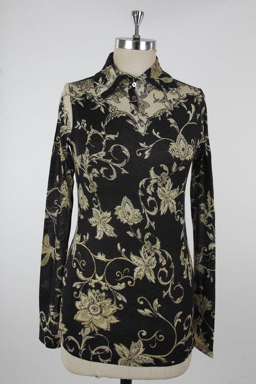 Black Floral Collared Silk Sweater