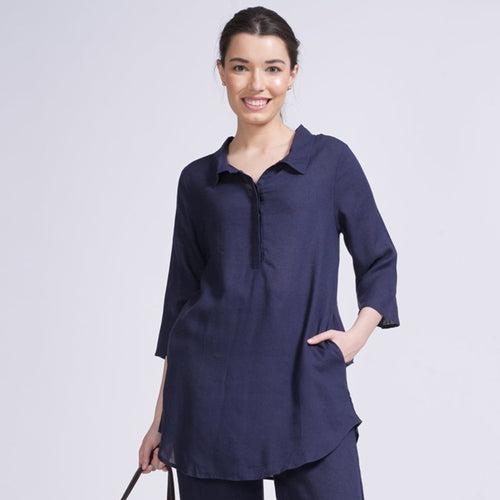 Linen Skipper Collar Tunic - Navy