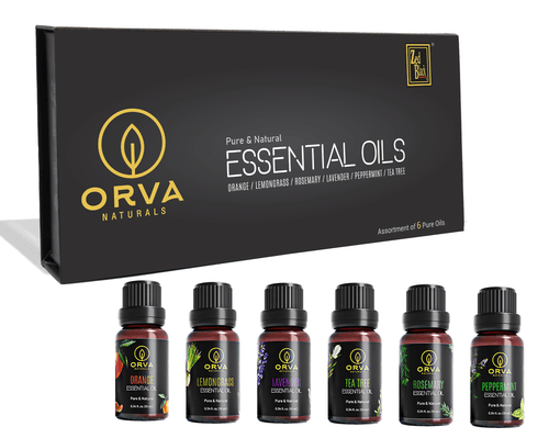 ORVA Pure and Natural Essential Oil combo of 6 - Each 10 ml (Peppermint, Tea Tree, Orange, Rosemary, Lavender, and Lemon Grass)