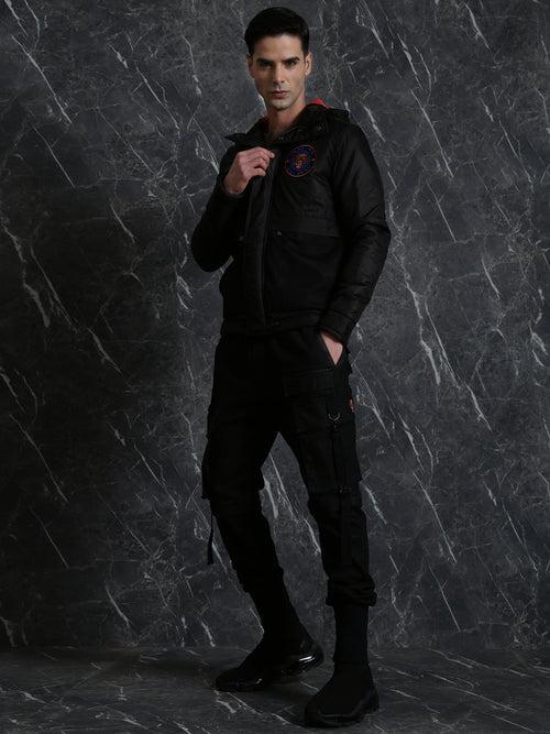 Black Full Sleeve Hooded Relaxed Fit Jacket