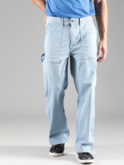 Ice Blue Straight Leg Carpenter denim Trouser With Elasticated Back