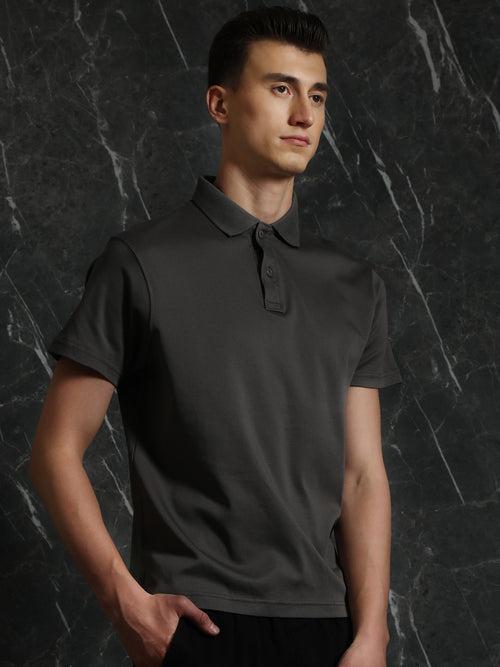 Grey Solid Regular Fit Polo