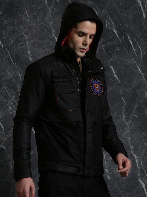 Black Full Sleeve Hooded Relaxed Fit Jacket