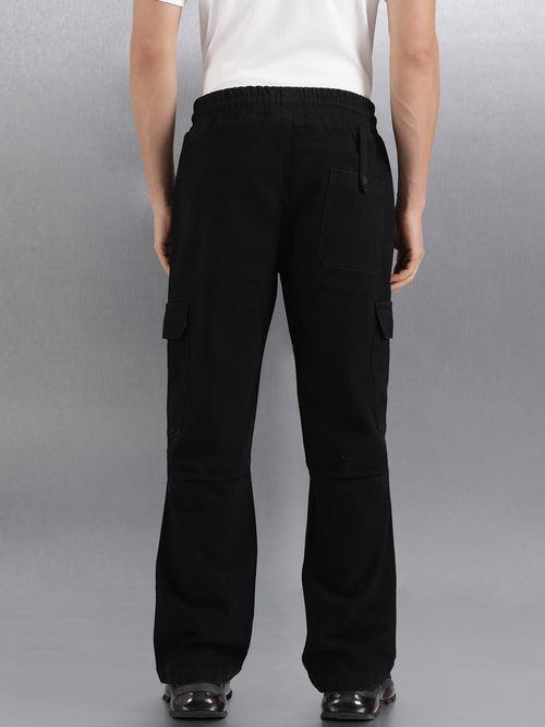 Black Solid Straight Leg Fit 5 Pockets Cargo