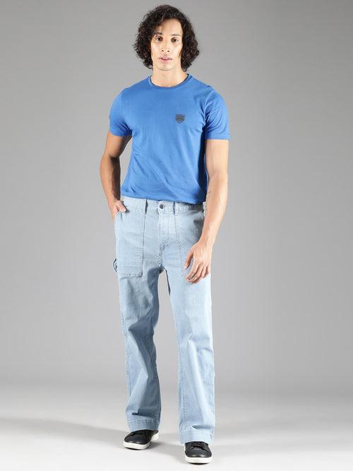 Ice Blue Straight Leg Carpenter denim Trouser With Elasticated Back