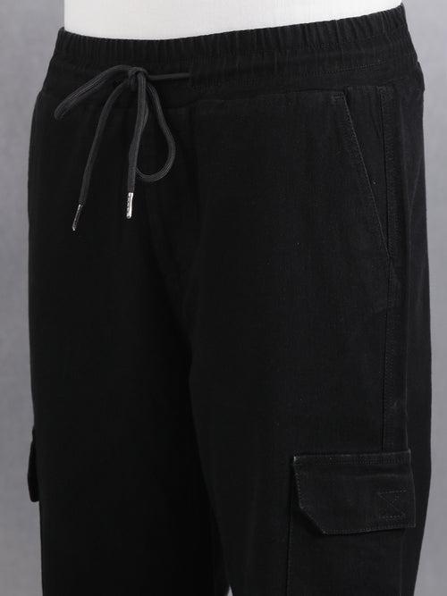 Black Solid Straight Leg Fit 5 Pockets Cargo
