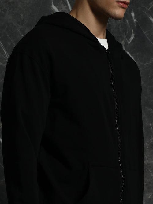 Black Solid Relaxed Fit Hoddie with zipper