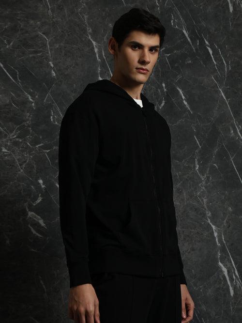 Black Solid Relaxed Fit Hoddie with zipper