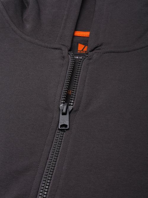 Grey Solid Relaxed Fit Hoddie with zipper