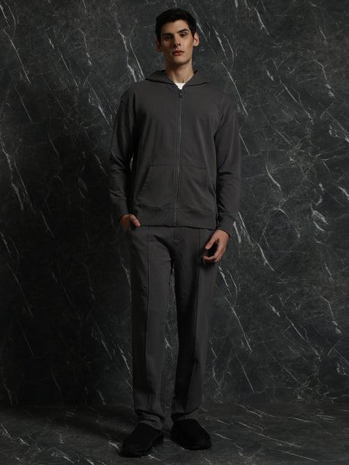 Grey Solid Relaxed Fit Hoddie with zipper