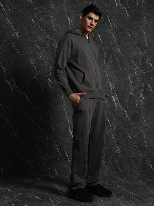 Grey Solid Relaxed Fit Hoddie with zipper