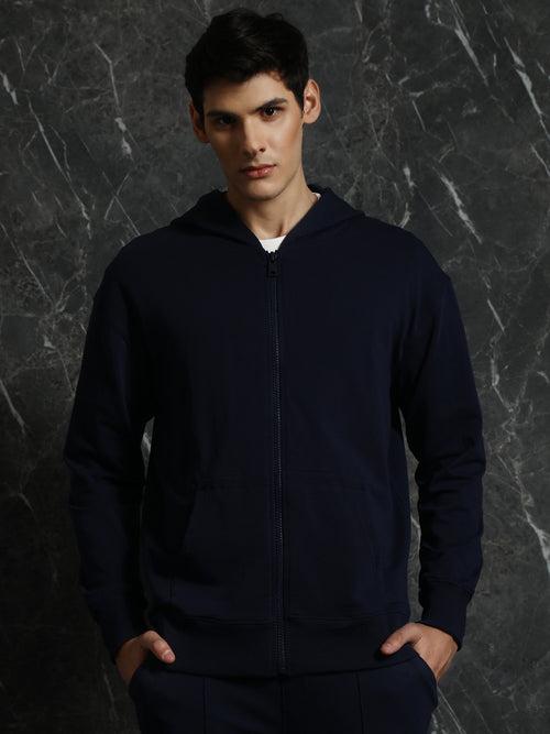 Navy Solid Relaxed Fit Hoddie with zipper
