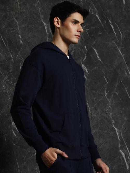 Navy Solid Relaxed Fit Hoddie with zipper