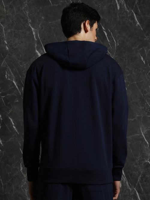 Navy Solid Relaxed Fit Hoddie with zipper