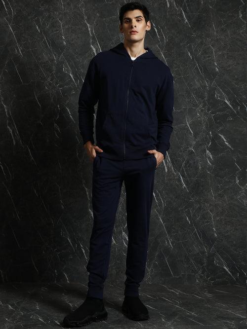 Navy Solid Relaxed Fit Hoddie with zipper