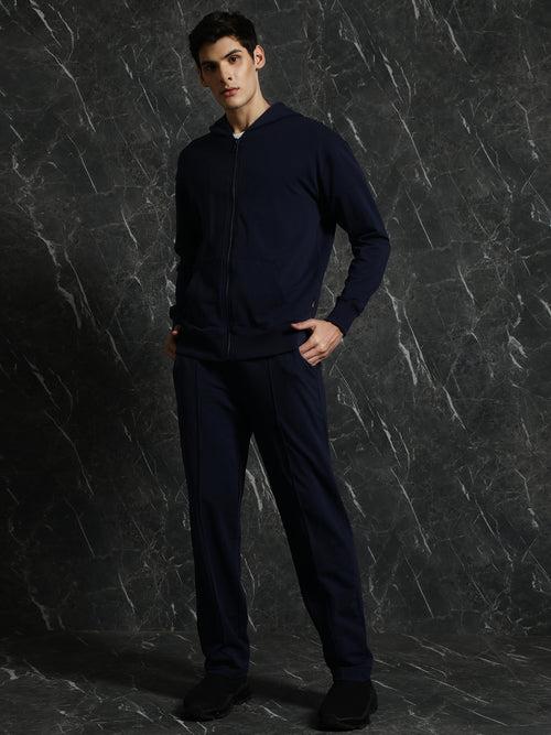 Navy Solid Relaxed Fit Hoddie with zipper