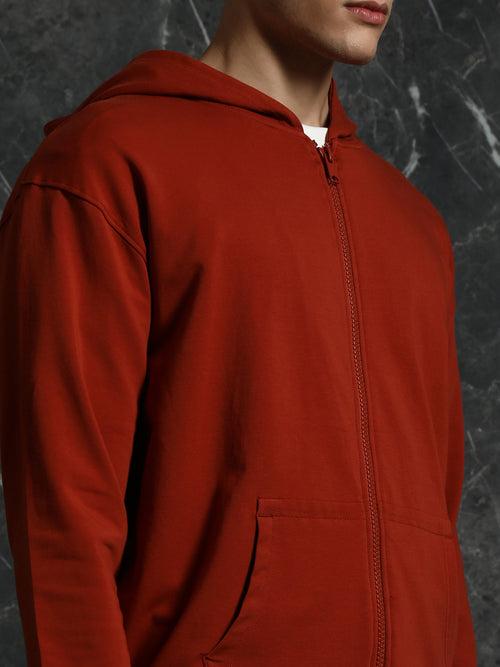 Rust Solid Relaxed Fit Hoddie with zipper