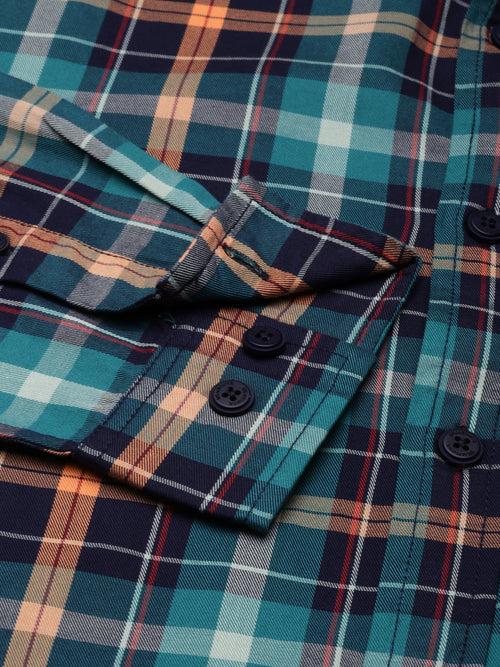 Navy-Orange Full sleeve checks Regular Fit shirt