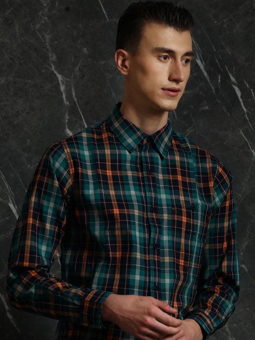 Navy-Orange Full sleeve checks Regular Fit shirt