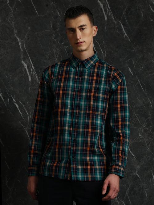 Navy-Orange Full sleeve checks Regular Fit shirt