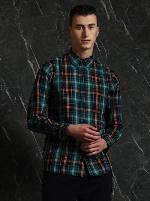 Navy-Orange Full sleeve checks Regular Fit shirt