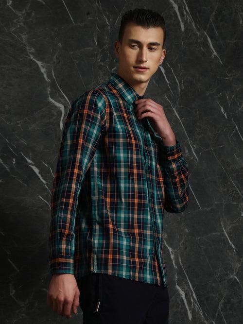 Navy-Orange Full sleeve checks Regular Fit shirt