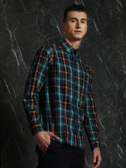 Navy-Orange Full sleeve checks Regular Fit shirt