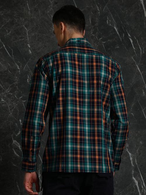 Navy-Orange Full sleeve checks Regular Fit shirt