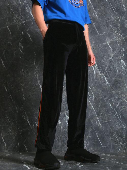 Black Straight Leg Jogger with Tape Patch at Sides