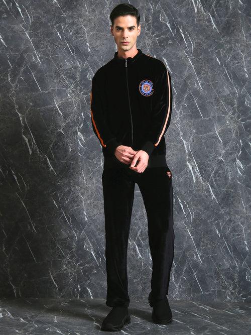 Black Straight Leg Jogger with Tape Patch at Sides