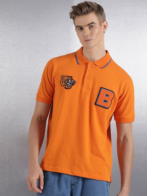 Orange Printed  Regular Fit Polo