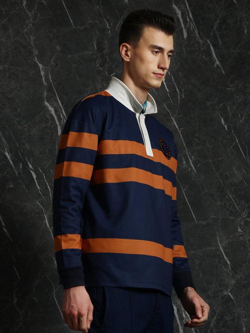 Navy Striped Full Sleeve Oversized Polo