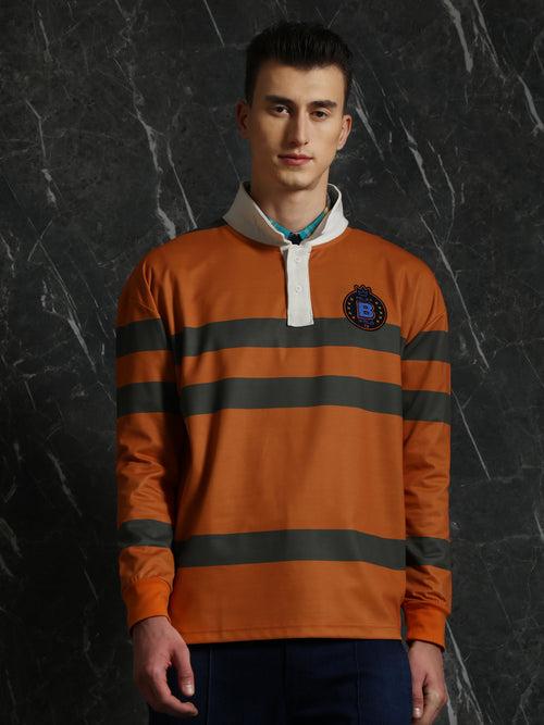 Orange Striped Full sleeve Oversized Polo