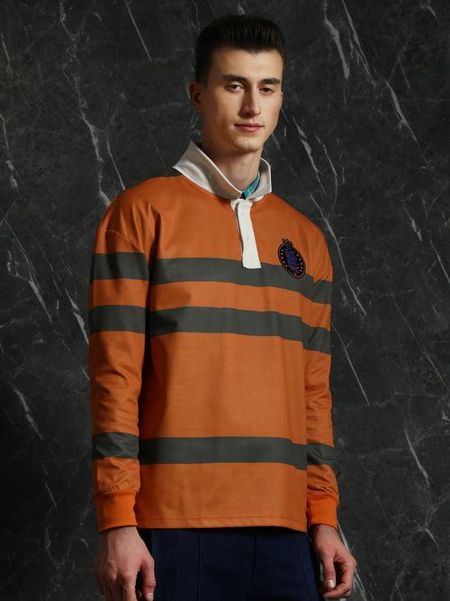 Orange Striped Full sleeve Oversized Polo