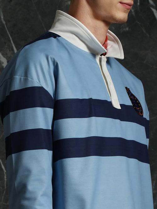 Sky Blue Striped Full Sleeve Oversized Polo