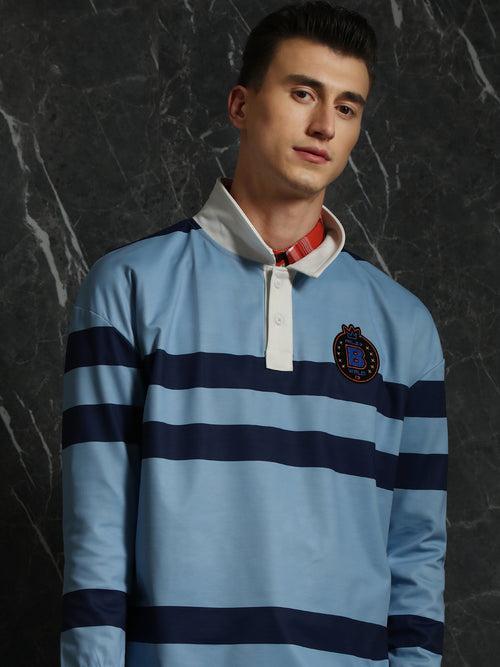 Sky Blue Striped Full Sleeve Oversized Polo