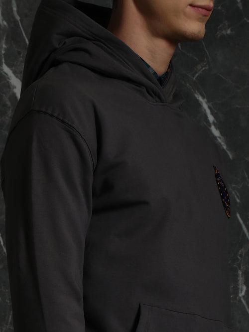 Grey Solid Relaxed Fit Hoddie