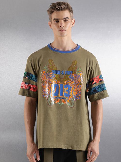 Olive Printed Half Sleeve Oversized Fit T-Shirt