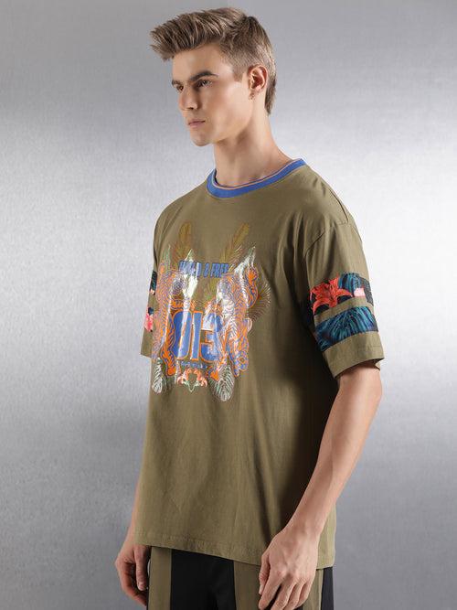 Olive Printed Half Sleeve Oversized Fit T-Shirt