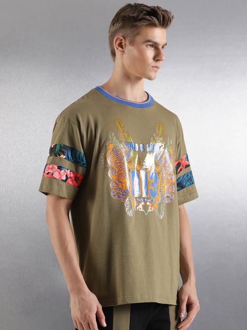 Olive Printed Half Sleeve Oversized Fit T-Shirt