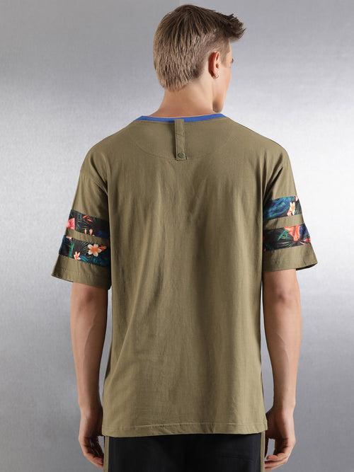 Olive Printed Half Sleeve Oversized Fit T-Shirt