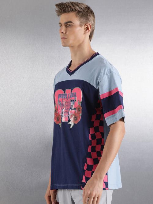 Sky-Blue Printed Half Sleeve Oversized Fit T-Shirt