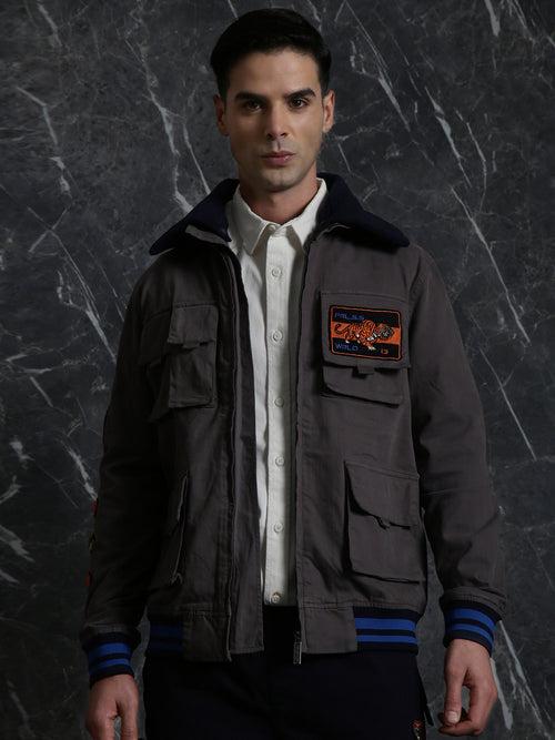 Grey Full Sleeve Utility Jacket with Detachable Collar