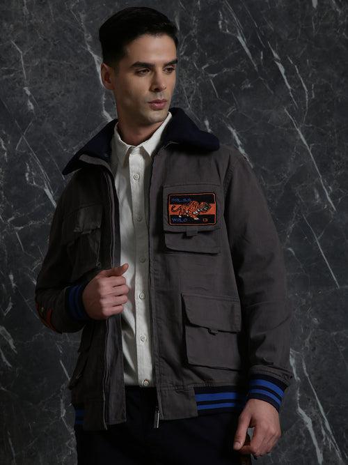 Grey Full Sleeve Utility Jacket with Detachable Collar