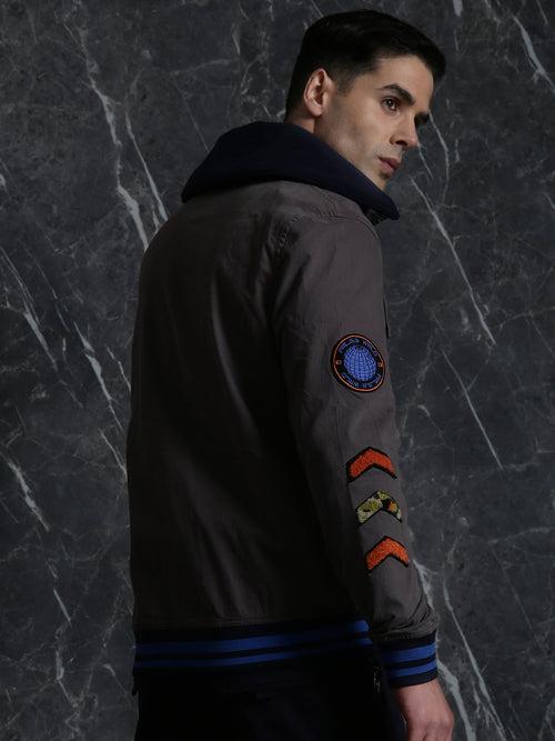 Grey Full Sleeve Utility Jacket with Detachable Collar